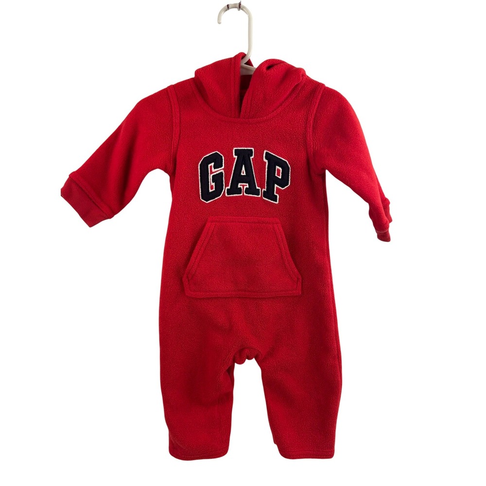 Baby Gap Fleece Hooded Romper 6-12 Months Red Logo Infant Jumpsuit